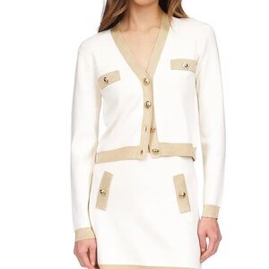NWT Women MICHAEL KORS Ivory gold metallic cropped cardigan sweater XLarge